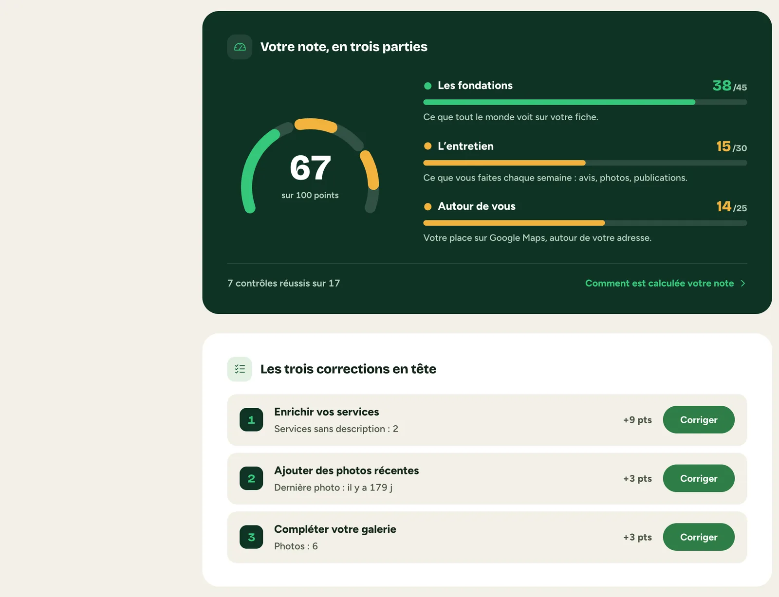 L'écran de l'audit : la note de 67 sur 100 en trois parties, puis les trois corrections en tête avec leur gain en points et leur bouton Corriger.