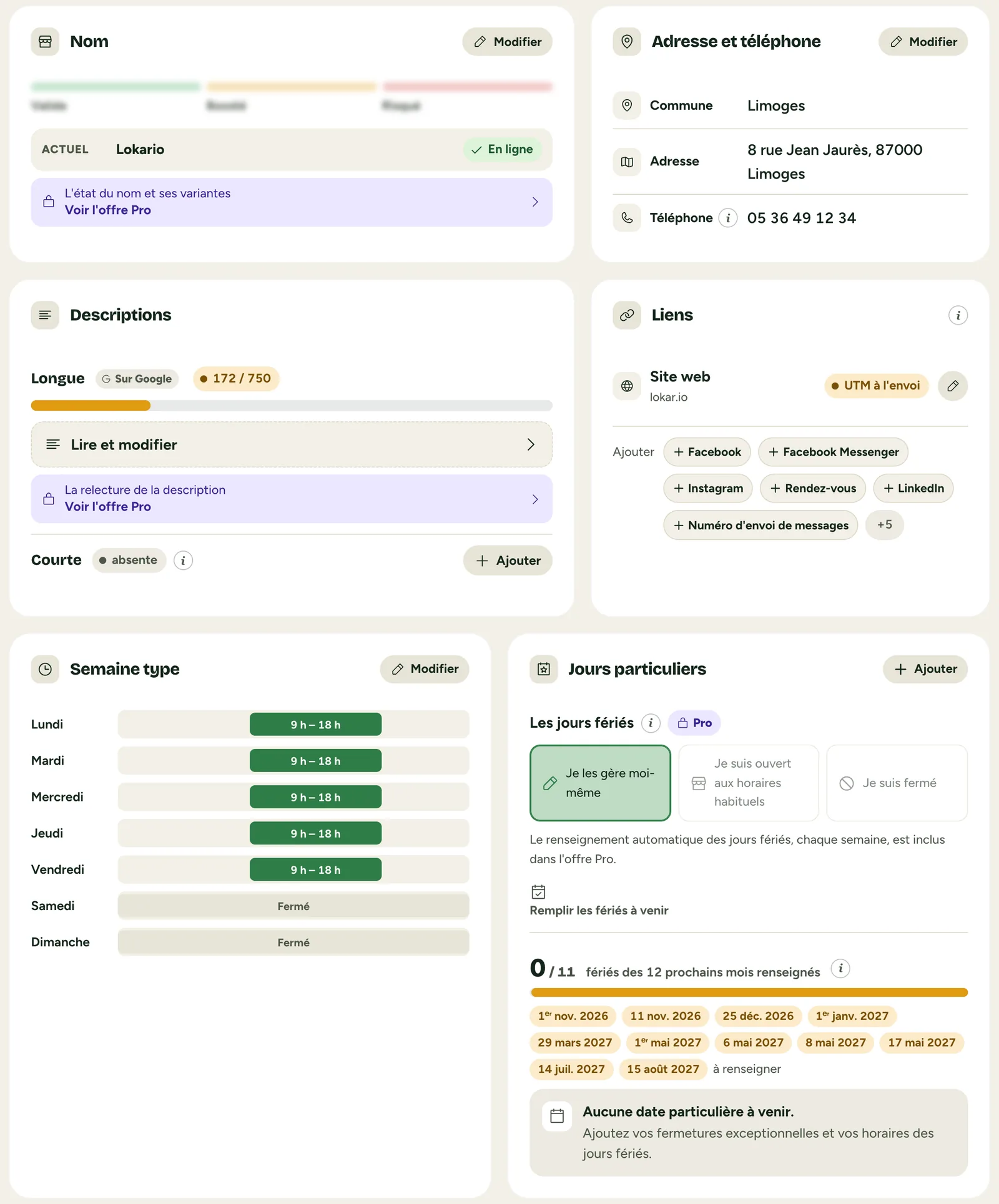 L'écran Infos et horaires : les cartes Nom, Adresse et téléphone, Descriptions, Liens, Semaine type et Jours particuliers, chacune avec son bouton Modifier ou Ajouter.