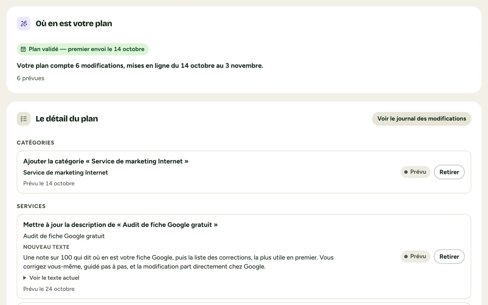 Le plan d'optimisation validé : le premier envoi chez Google est daté, puis chaque modification préparée, ici la nouvelle description d'un service.